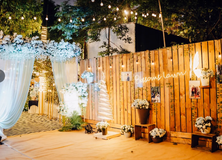 Draped tent decor with colourful balloons for a celebration